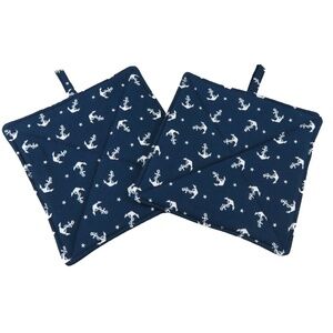 NEW- 2 handmade potholders, navy blue with anchors, boating, galley, nautical